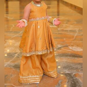 Elegant Gold Kids sharara shirt for pakistani/indian wedding or special event.